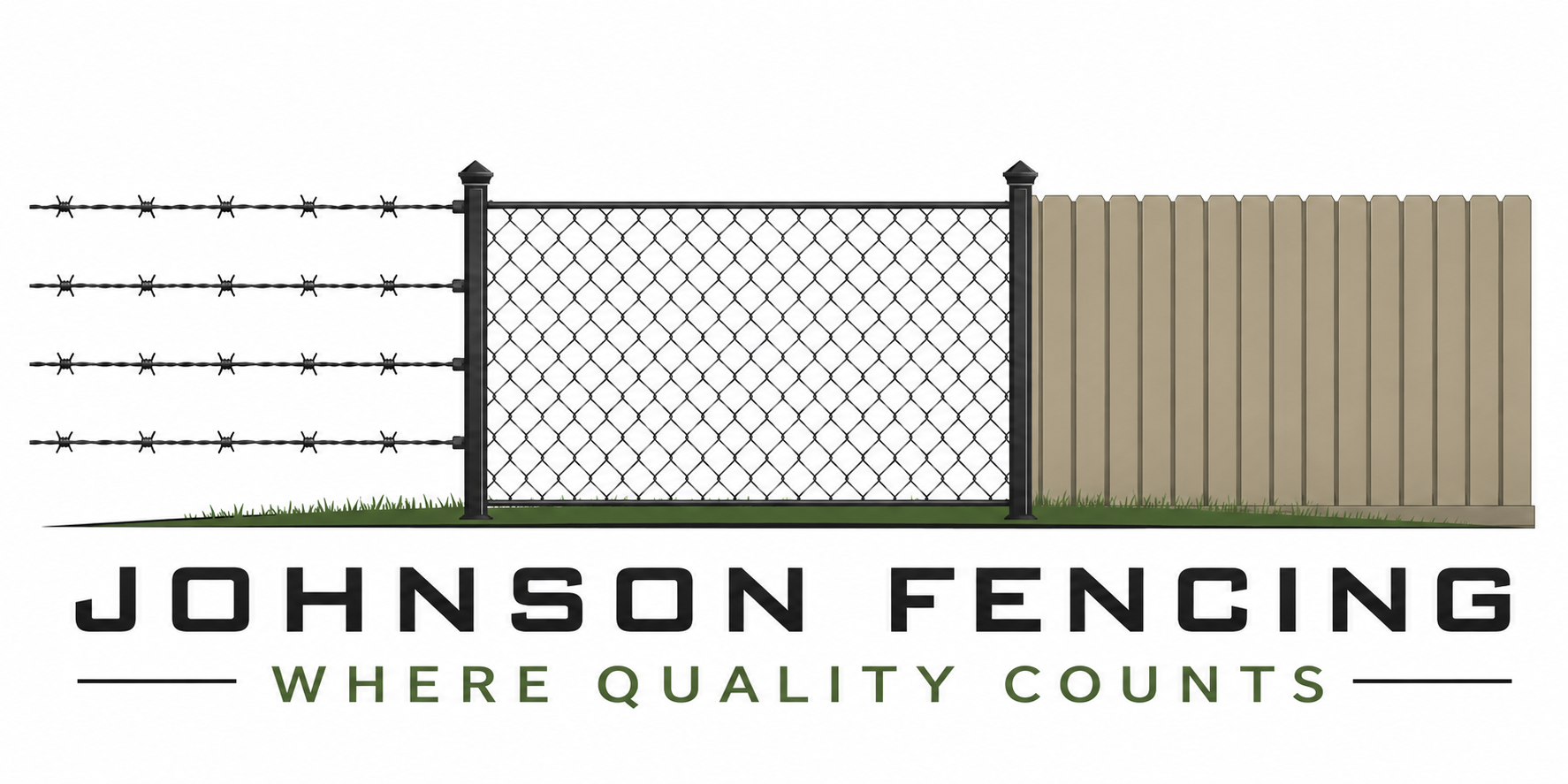 Johnson Fencing logo image that displays three different types of fences that transition between fence posts